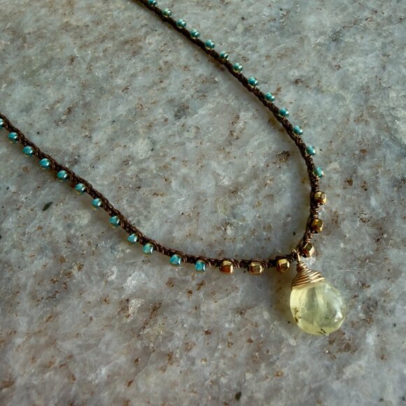 Adella Necklace Chocolate Crocheted Silk Cord with Light Blue and Gold Seed Bead - Picture 1 of 5